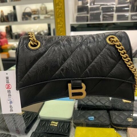 東區正精品㊣ BALENCIAGA 716351 全新巴黎世家黑色牛皮金釦金鍊斜紋沙漏包雙鍊肩背包斜背包 RZ5516