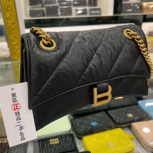 東區正精品㊣ BALENCIAGA 716351 全新巴黎世家黑色牛皮金釦金鍊斜紋沙漏包雙鍊肩背包斜背包 RZ5516-1
