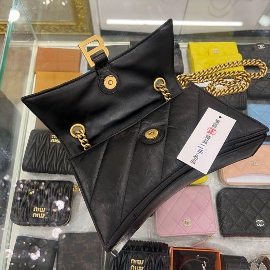 東區正精品㊣ BALENCIAGA 716351 全新巴黎世家黑色牛皮金釦金鍊斜紋沙漏包雙鍊肩背包斜背包 RZ5516-2