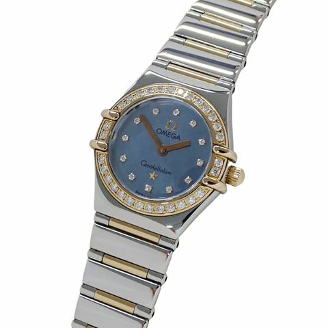 歐米茄星座系列迷你 My Choice 1357.77 女士腕錶，美國限量版（1499 枚），藍色錶殼鑲嵌 12 顆鑽石，不鏽鋼和玫瑰金材質，拋光處理