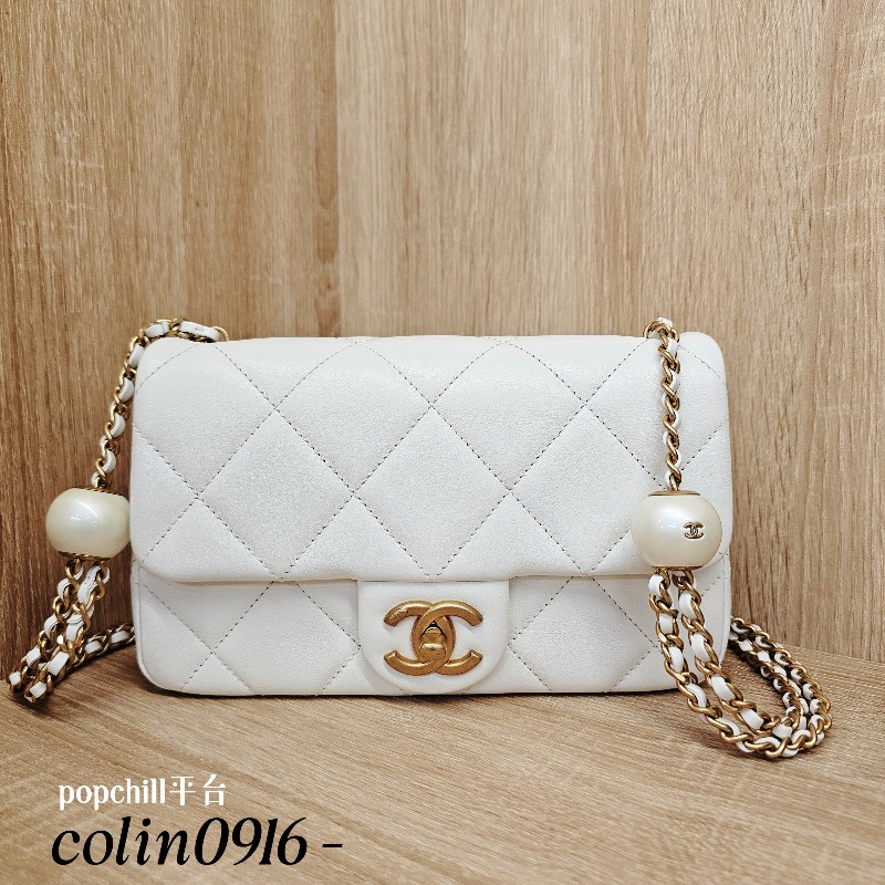 [珍珠控☺️季節限定] Chanel白羊皮菱格霧金釦CF珍珠肩斜背包-0