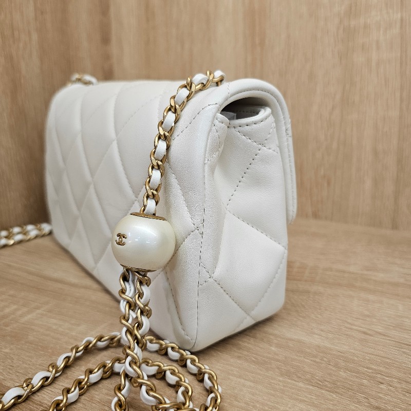 [珍珠控☺️季節限定] Chanel白羊皮菱格霧金釦CF珍珠肩斜背包-6