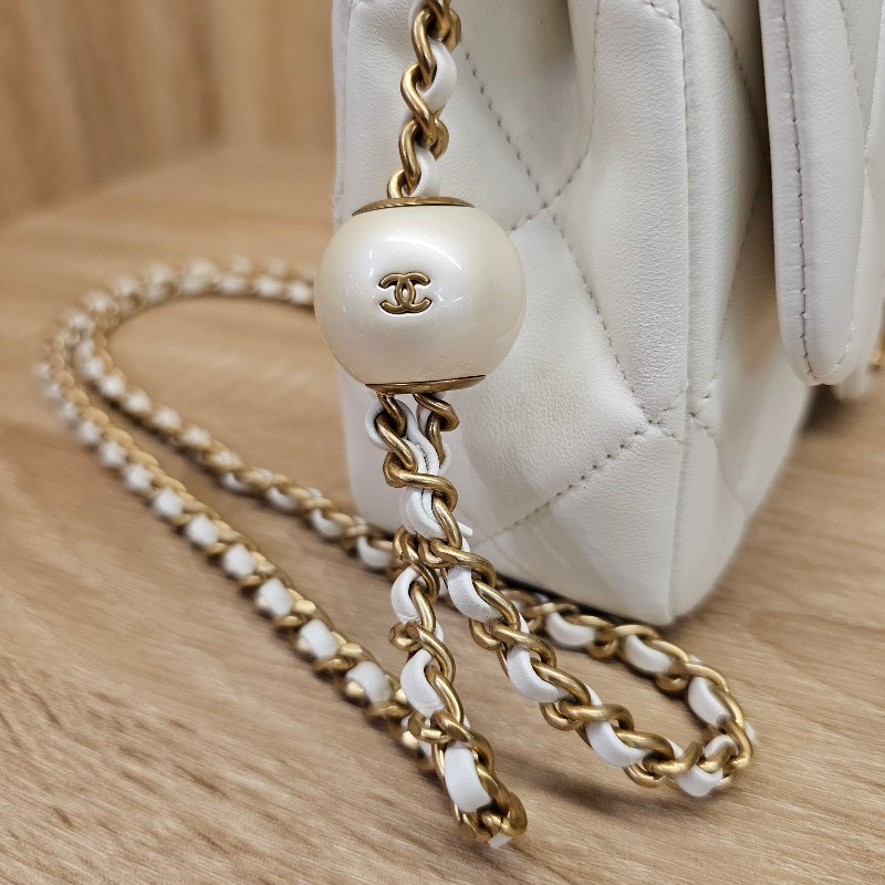 [珍珠控☺️季節限定] Chanel白羊皮菱格霧金釦CF珍珠肩斜背包-20