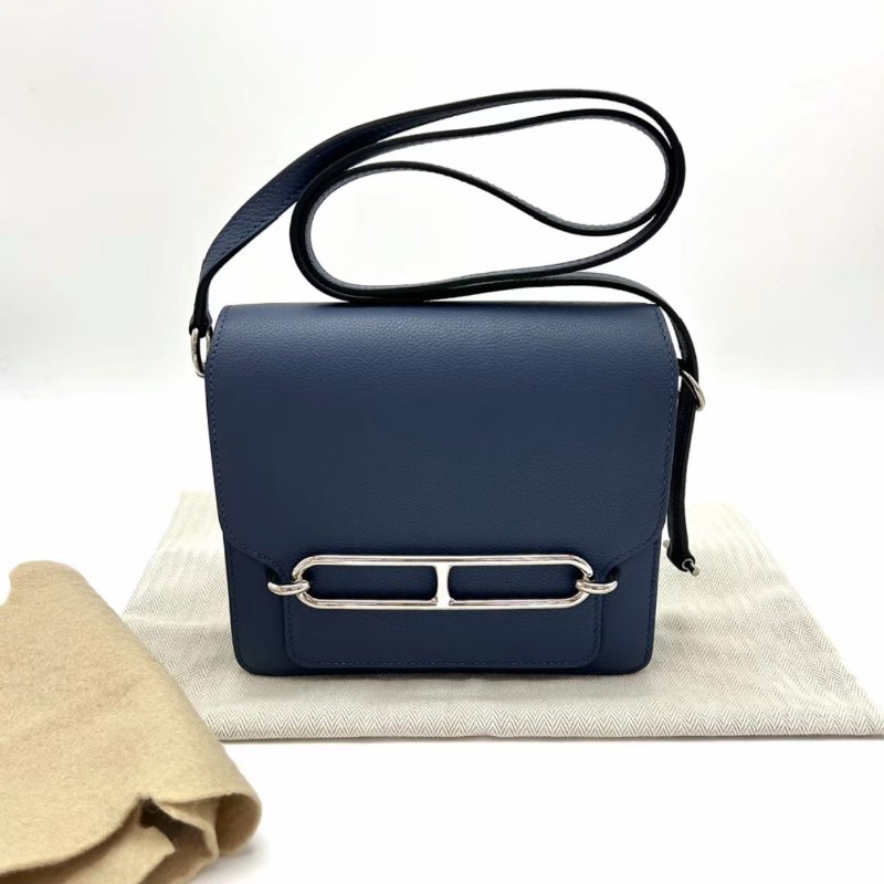 HERMES 深邃藍銀扣豬鼻子19肩背斜背包 17.5*15*6 98新配件塵袋-0