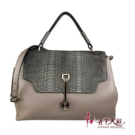 *奢華大道國際精品*【T0146】TOD'S灰色荔枝紋牛皮/蛇皮 掀蓋手提/斜背兩用包-0