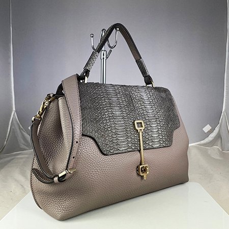 *奢華大道國際精品*【T0146】TOD'S灰色荔枝紋牛皮/蛇皮 掀蓋手提/斜背兩用包-1