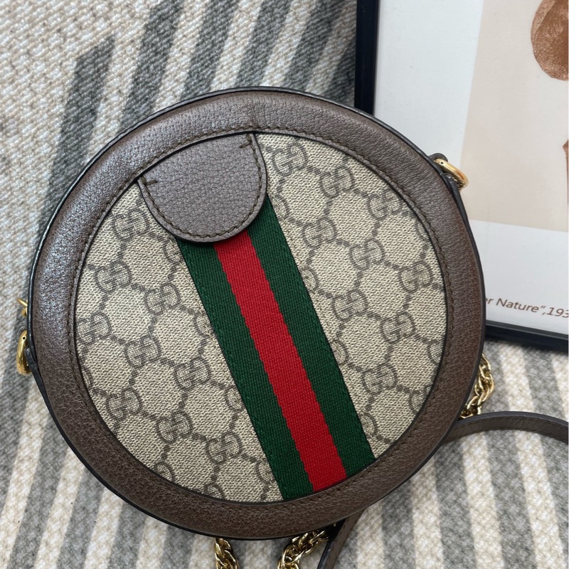 98❤️古馳/Gucci 老花圓餅包，紅綠織帶，金色五金，無破皮開裂，鏈條肩帶齊全，單肩斜挎都可以-1
