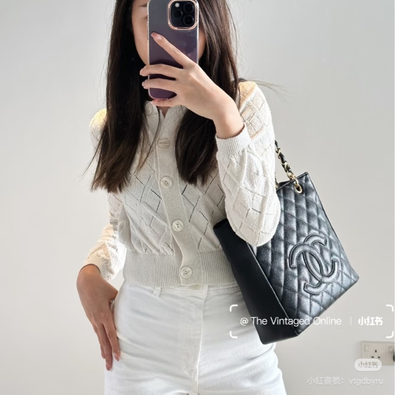 香奈兒 CHANEL PST Petite Shopping Tote CC Logo 荔枝牛皮肩背 托特包 黑銀-1