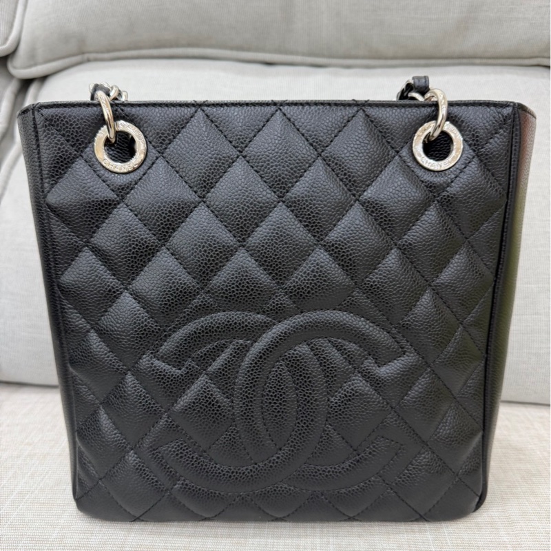 香奈兒 CHANEL PST Petite Shopping Tote CC Logo 荔枝牛皮肩背 托特包 黑銀-5