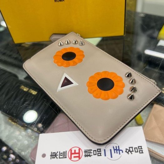 東區正精品㊣FENDI 8AP151 灰色全皮橘眼一字拉鍊鑰匙包零錢包 RZ5474-2