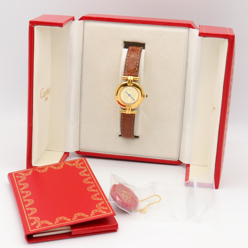 卡地亞 Must Colisee Vermeil SM 女士腕錶,鍍金,皮革錶帶,金色,W1000553-9