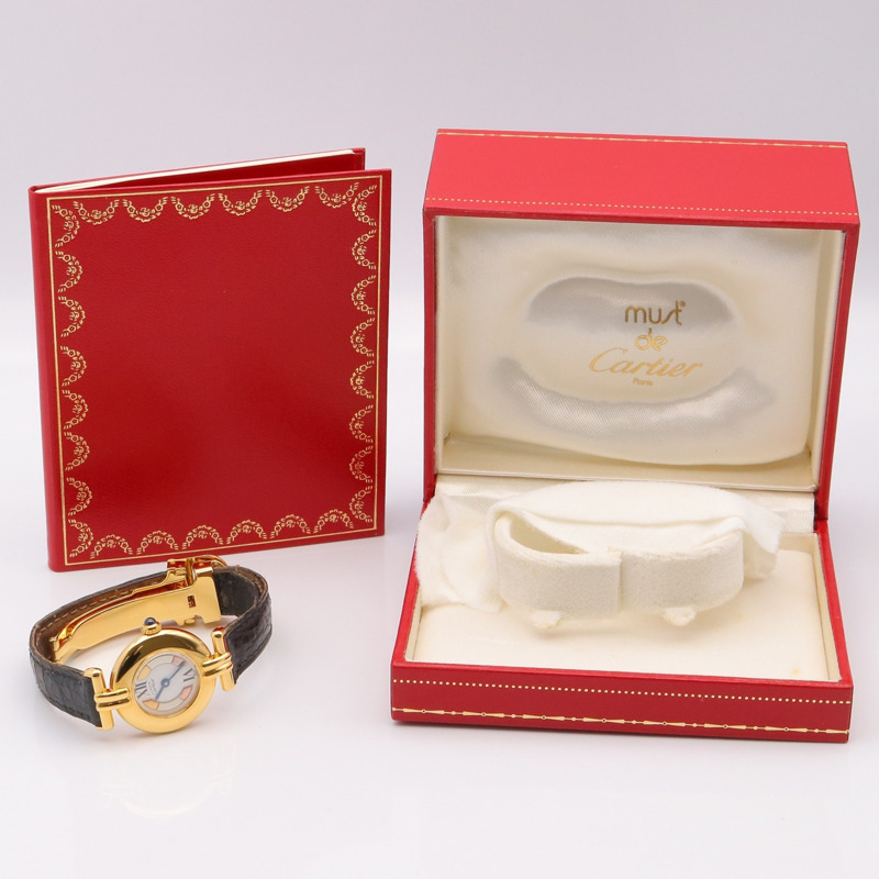 卡地亞 Must Colisee Vermeil 女士腕錶,鍍金,皮革錶帶,白色,W1006654-8