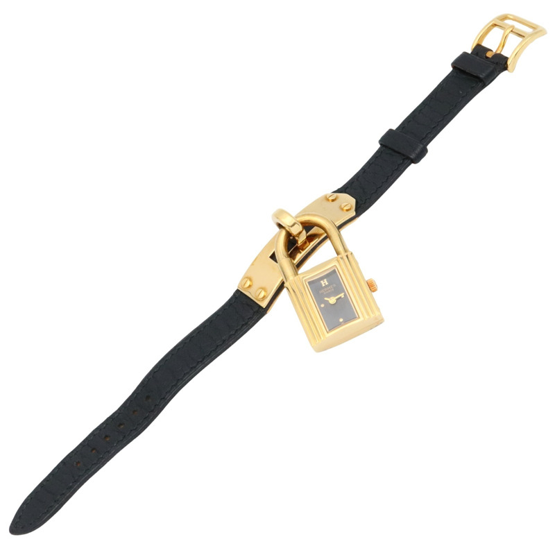 愛馬仕 Kelly 女士腕錶，鍍金款，皮革錶帶，黑色，KE1.201-2