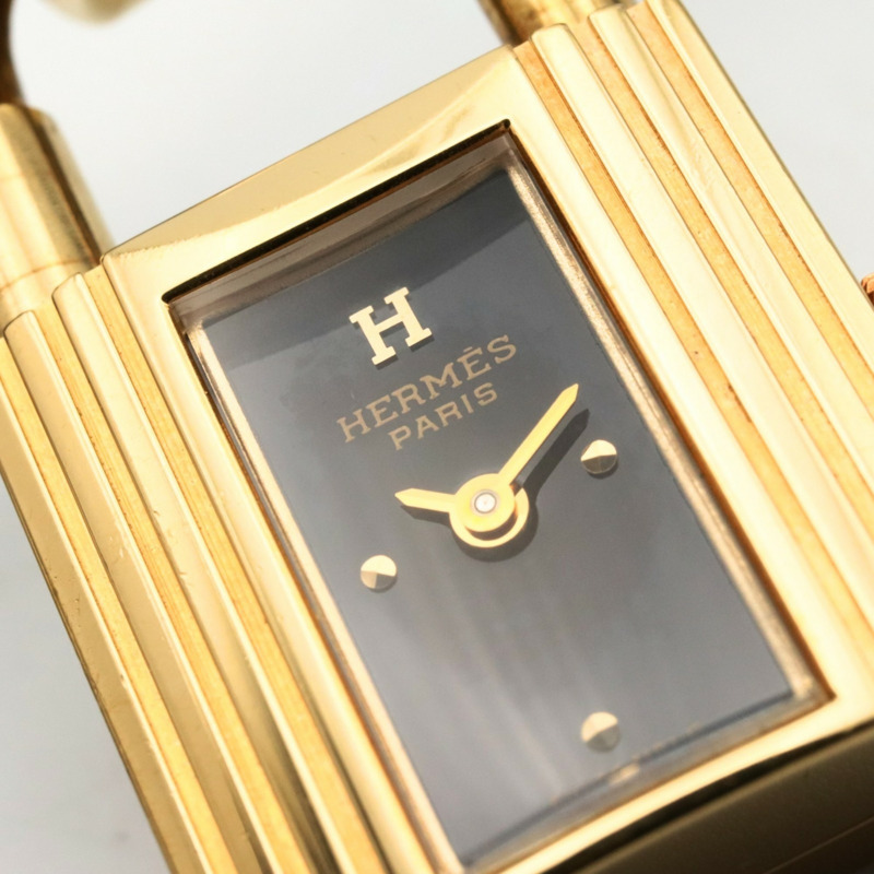 愛馬仕 Kelly 女士腕錶，鍍金款，皮革錶帶，黑色，KE1.201-11