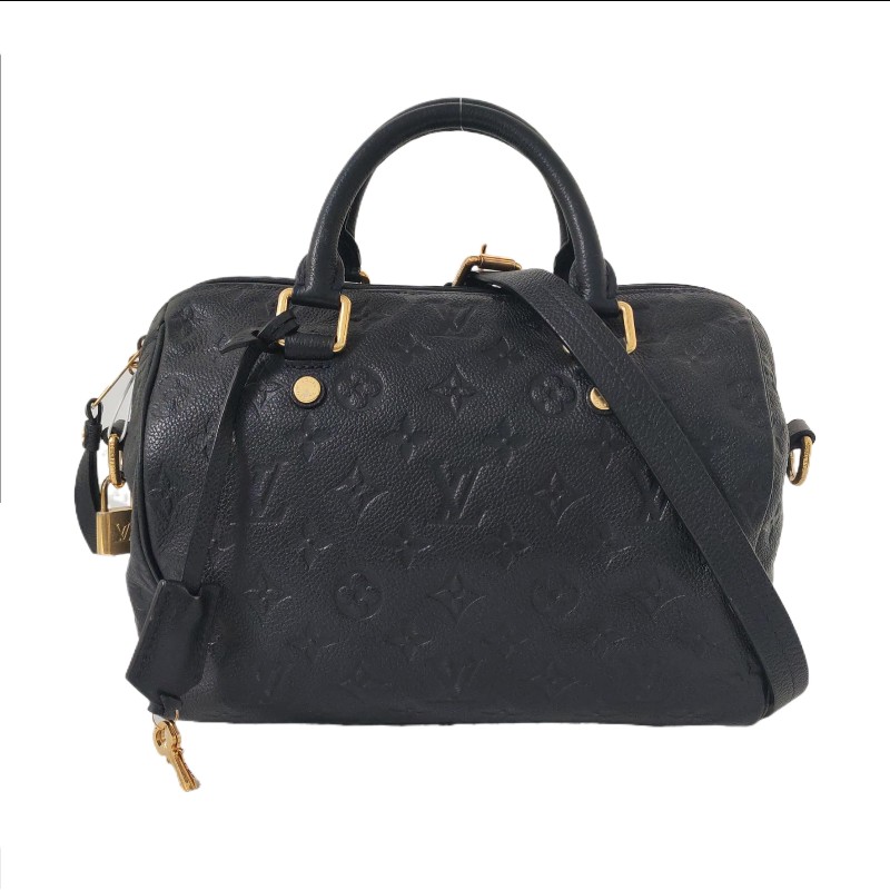 LOUIS VUITTON SPEEDY 25 黑色牛皮老花波士頓包單肩包手提包斜挎包金色五金 可拆卸肩帶-0