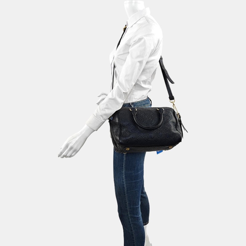 LOUIS VUITTON SPEEDY 25 深藍色牛皮老花波士頓包單肩包手提包斜挎包金色五金可拆卸肩帶-1