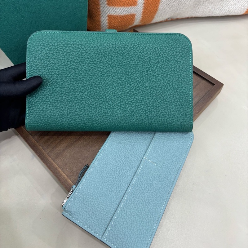 【近新閒置品】愛馬仕Hermes 孔雀綠銀扣Dogon母子錢包Y刻長夾財布-2
