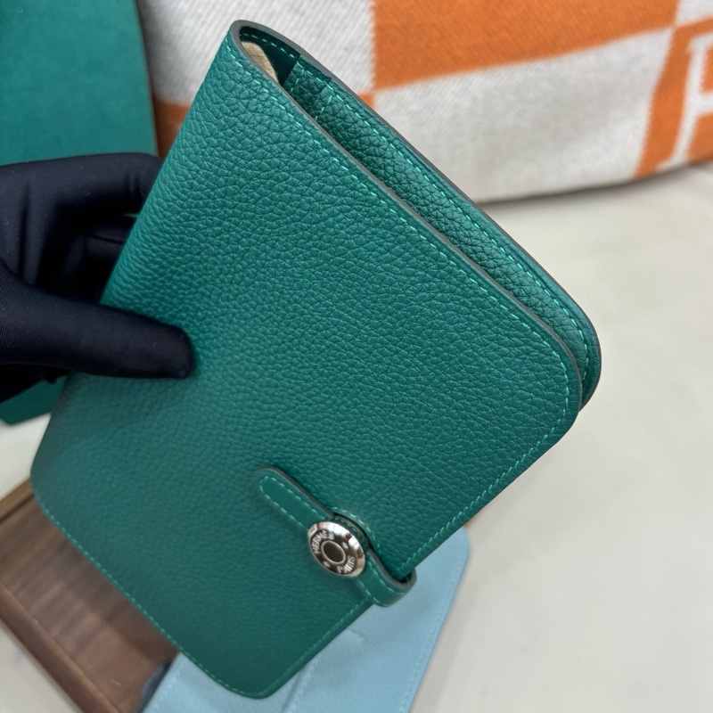 【近新閒置品】愛馬仕Hermes 孔雀綠銀扣Dogon母子錢包Y刻長夾財布-3