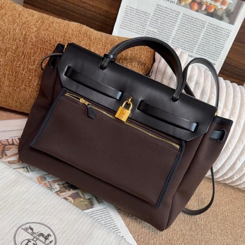 【近新閒置品】愛馬仕Hermes Herbag 31烏木色D刻拼黑蓋金扣單肩手提包斜挎包母子包