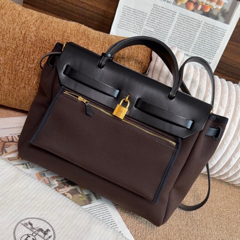 【近新閒置品】愛馬仕Hermes Herbag 31烏木色D刻拼黑蓋金扣單肩手提包斜挎包母子包-0