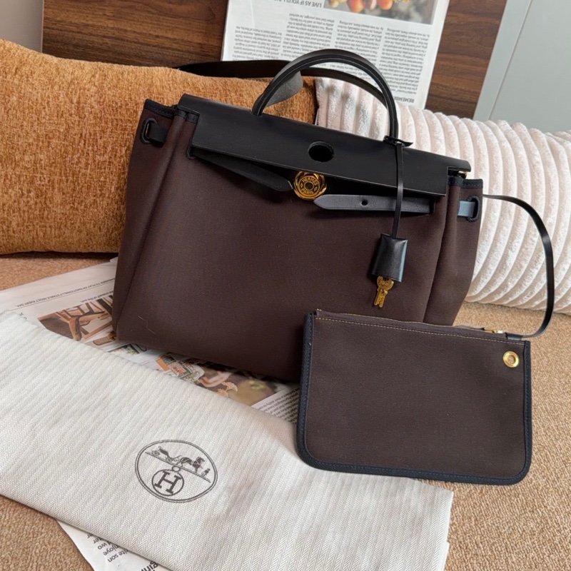 【近新閒置品】愛馬仕Hermes Herbag 31烏木色D刻拼黑蓋金扣單肩手提包斜挎包母子包-1