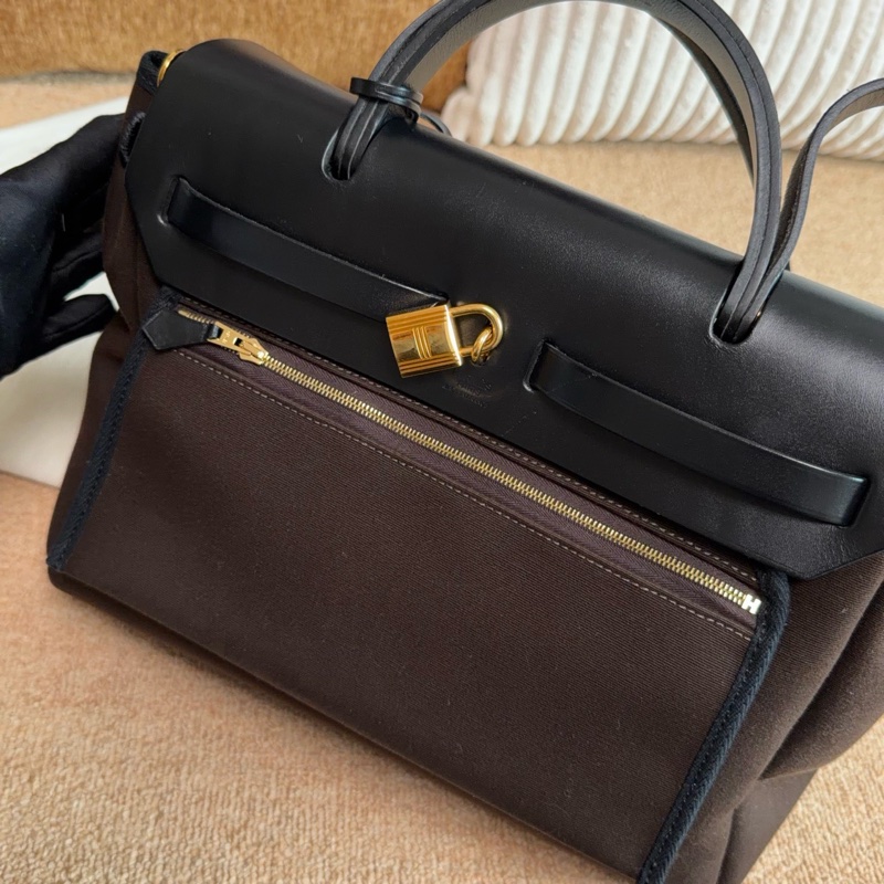 【近新閒置品】愛馬仕Hermes Herbag 31烏木色D刻拼黑蓋金扣單肩手提包斜挎包母子包-2