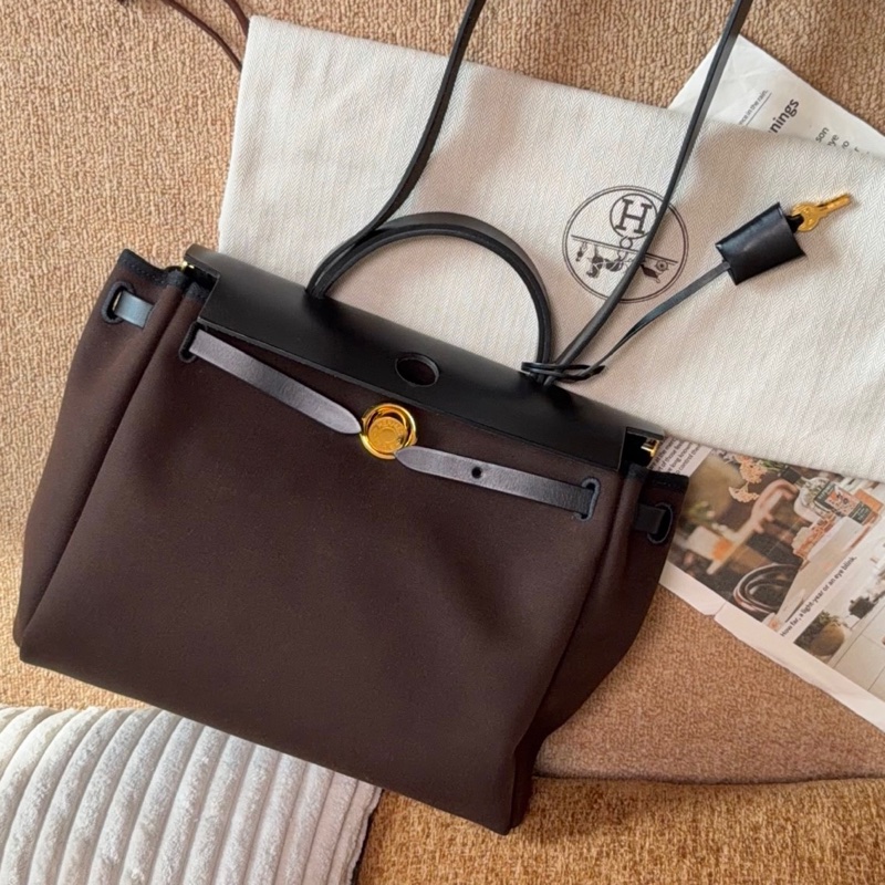 【近新閒置品】愛馬仕Hermes Herbag 31烏木色D刻拼黑蓋金扣單肩手提包斜挎包母子包-10