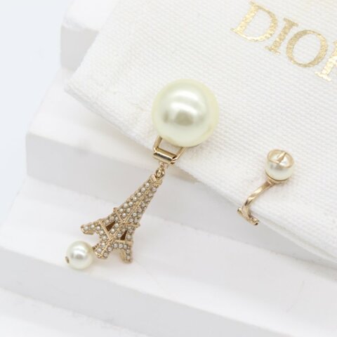 Dior 迪奧 Tribales 鐵塔 珍珠 金色 白色 不對稱耳夾