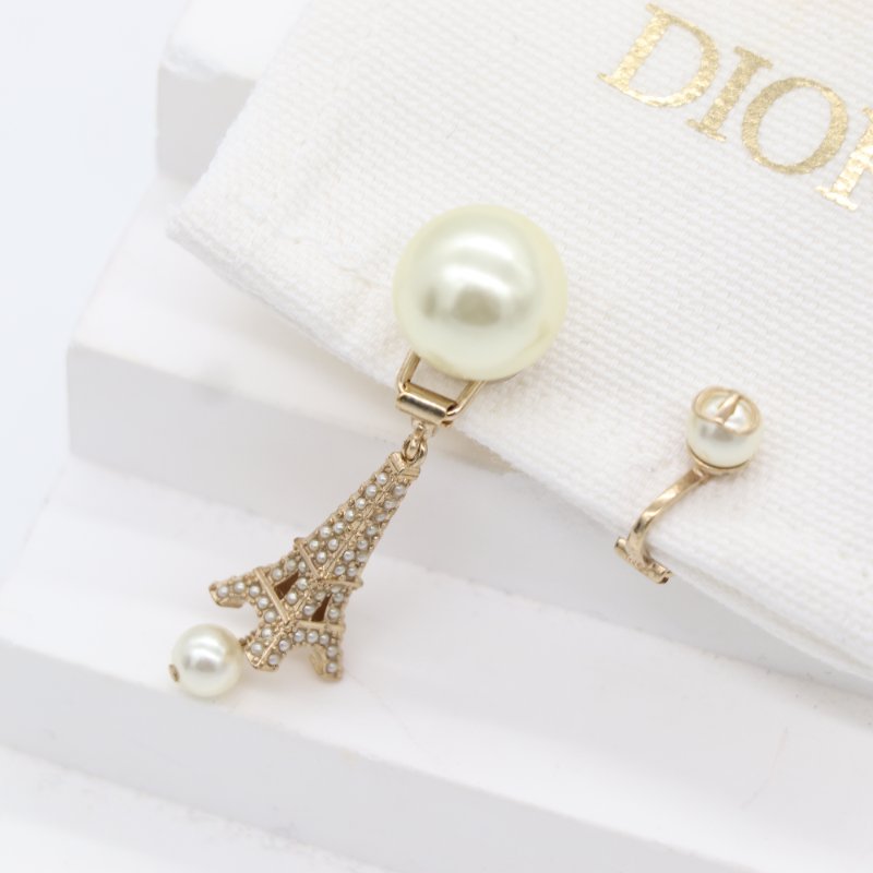Dior 迪奧 Tribales 鐵塔 珍珠 金色 白色 不對稱耳夾-0