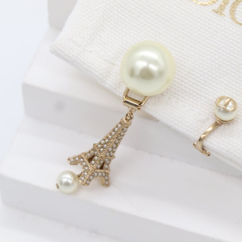 Dior 迪奧 Tribales 鐵塔 珍珠 金色 白色 不對稱耳夾-1