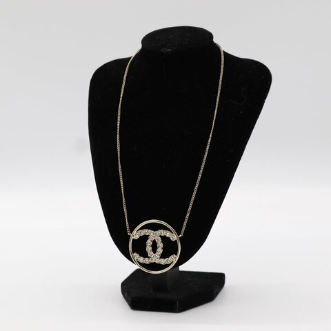 Chanel 香奈兒 淡金大圓雙C 水鑽項鍊