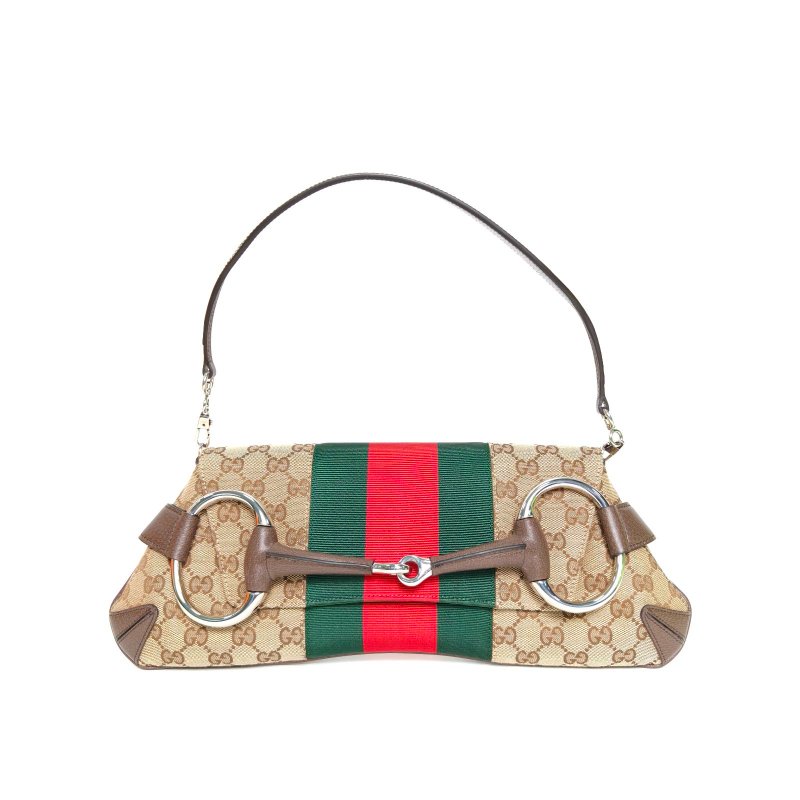 GUCCI 烏木色帆布銀扣23秋冬horsebitchain馬銜扣單肩腋下包肩背包-0