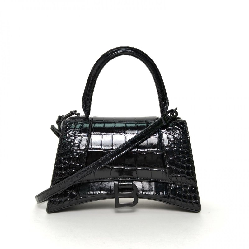 BALENCIAGA 鱷魚壓紋Hourglass沙漏手袋S碼黑扣黑色牛皮肩背包-0