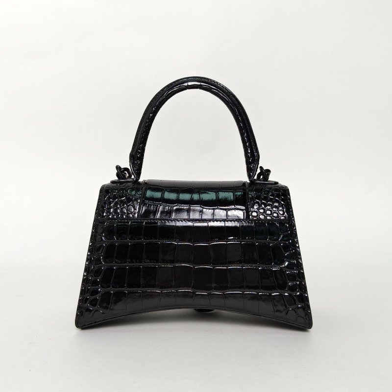 BALENCIAGA 鱷魚壓紋Hourglass沙漏手袋S碼黑扣黑色牛皮肩背包-3