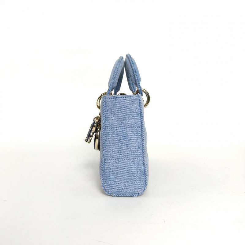DIOR LadyD-Joy橫版戴妃包中號26藍色牛仔布金扣2022肩背包-3