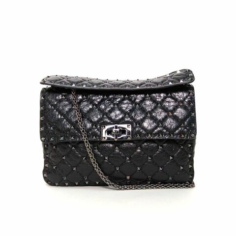 VALENTINO ROCKSTUDSPIKE中號鏈式手袋黑色羊皮銀扣肩背包
