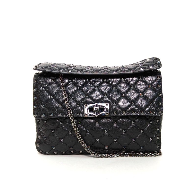 VALENTINO ROCKSTUDSPIKE中號鏈式手袋黑色羊皮銀扣肩背包-0