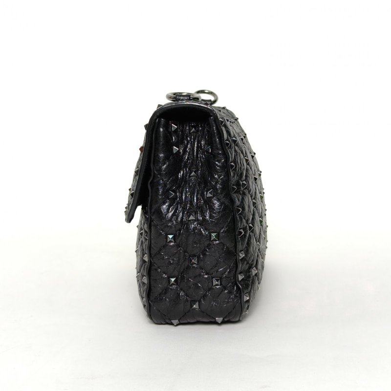 VALENTINO ROCKSTUDSPIKE中號鏈式手袋黑色羊皮銀扣肩背包-1