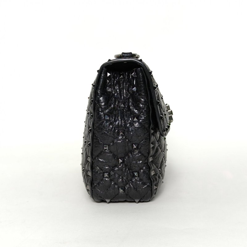 VALENTINO ROCKSTUDSPIKE中號鏈式手袋黑色羊皮銀扣肩背包-3