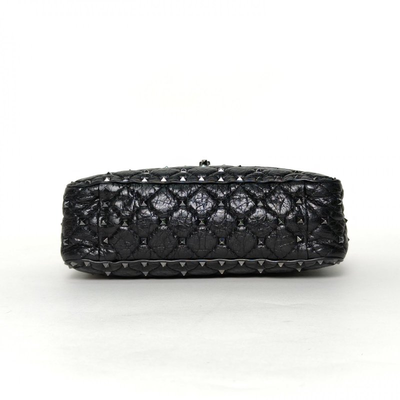 VALENTINO ROCKSTUDSPIKE中號鏈式手袋黑色羊皮銀扣肩背包-4