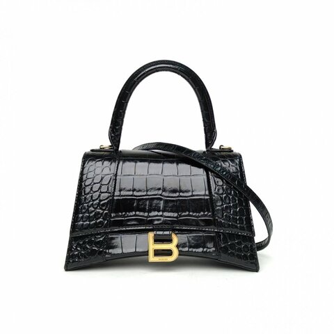 BALENCIAGA Hourglass沙漏S碼鱷魚壓紋黑色牛皮肩背包