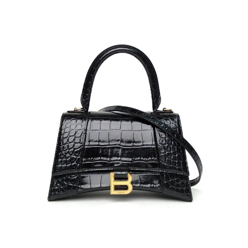BALENCIAGA Hourglass沙漏S碼鱷魚壓紋黑色牛皮肩背包-0