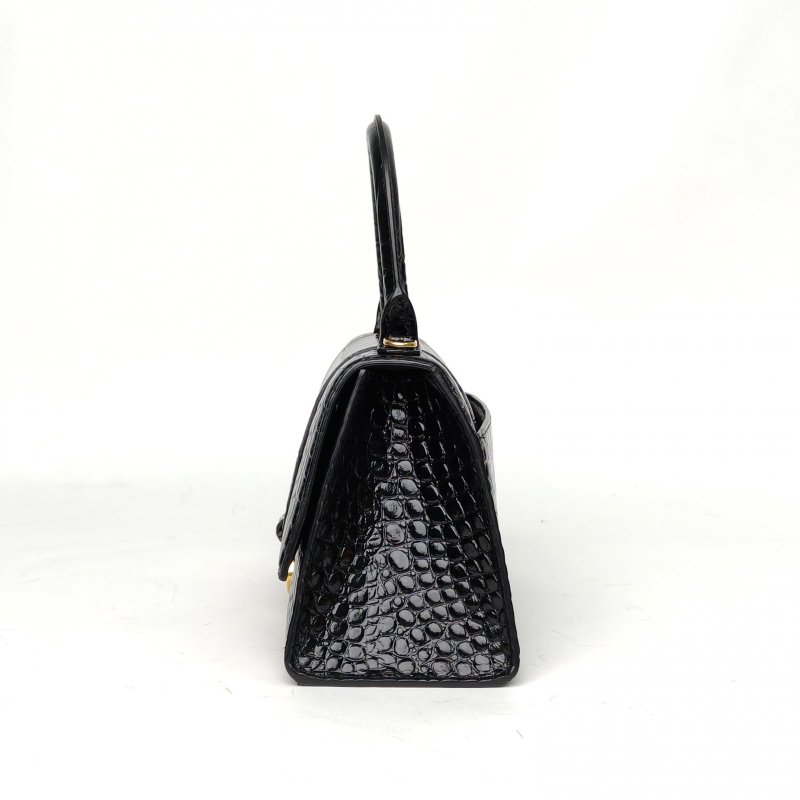 BALENCIAGA Hourglass沙漏S碼鱷魚壓紋黑色牛皮肩背包-1