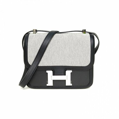 HERMES Constance康康2414米色拼89黑色Swift皮/防水帆布/帆布Y刻銀扣肩背包