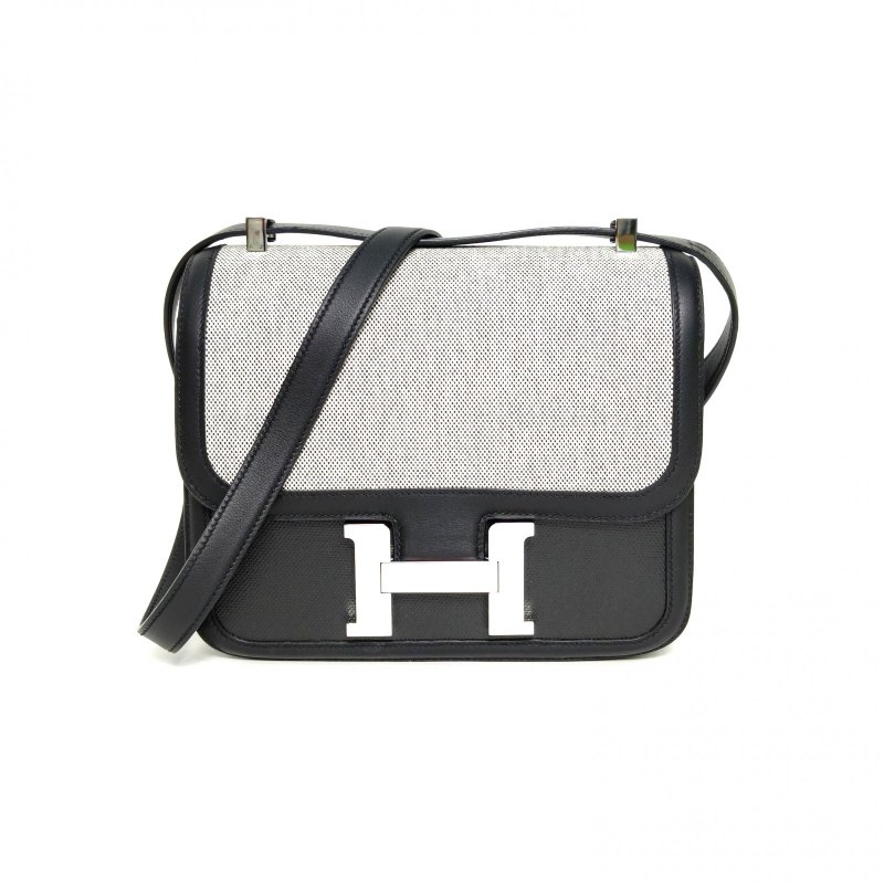 HERMES Constance康康2414米色拼89黑色Swift皮/防水帆布/帆布Y刻銀扣肩背包-0