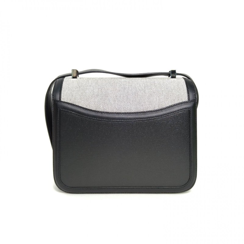 HERMES Constance康康2414米色拼89黑色Swift皮/防水帆布/帆布Y刻銀扣肩背包-2