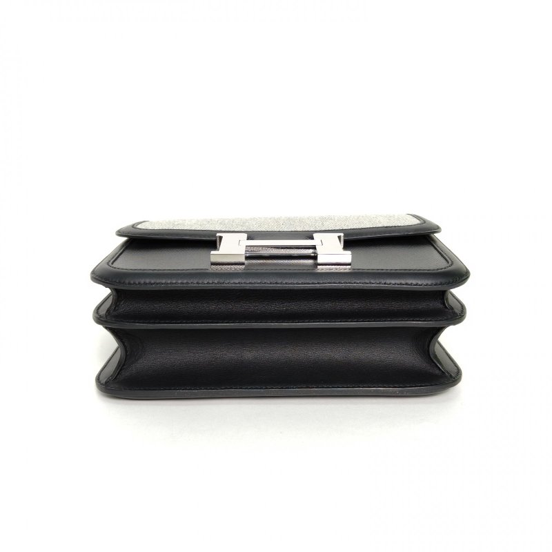 HERMES Constance康康2414米色拼89黑色Swift皮/防水帆布/帆布Y刻銀扣肩背包-4