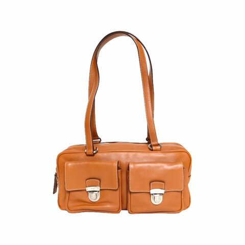 PRADA 棕色牛皮雙口袋雙子星腋下機車包手提保齡球包肩背包