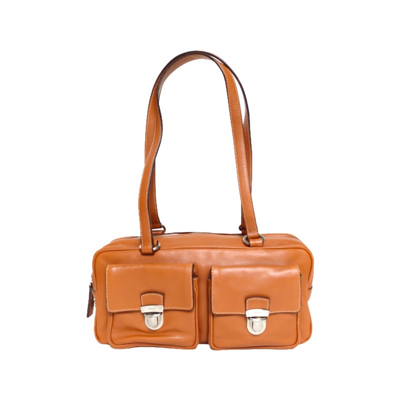 PRADA 棕色牛皮雙口袋雙子星腋下機車包手提保齡球包肩背包-0