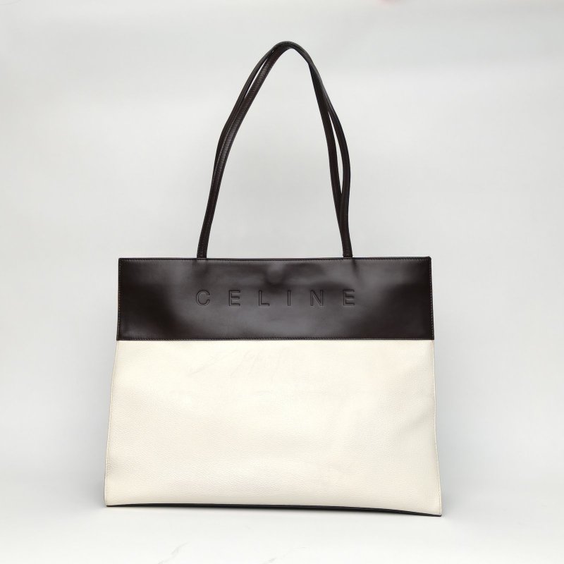 CELINE 拼色牛皮銀扣中古oldceline手提托特包購物袋肩背包-0